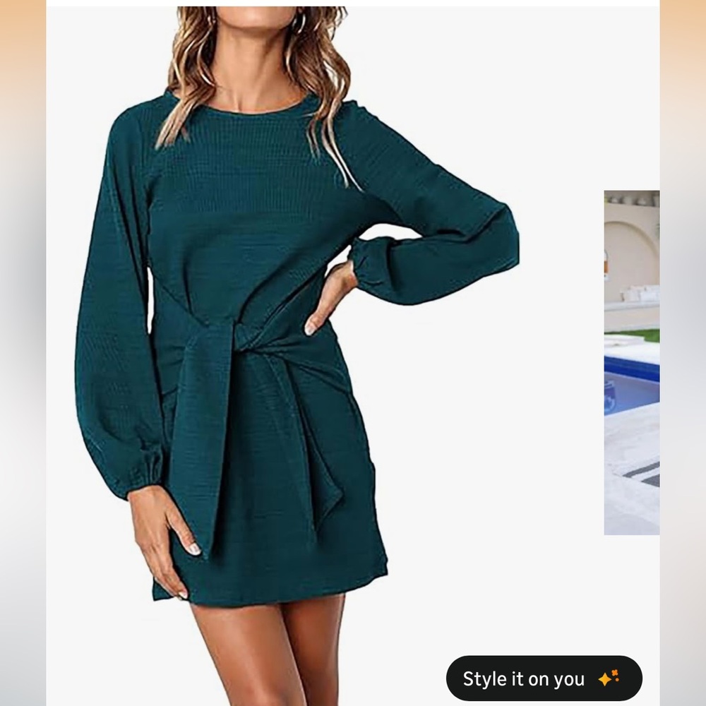 Teal Tie-Waist Long Sleeve Dress